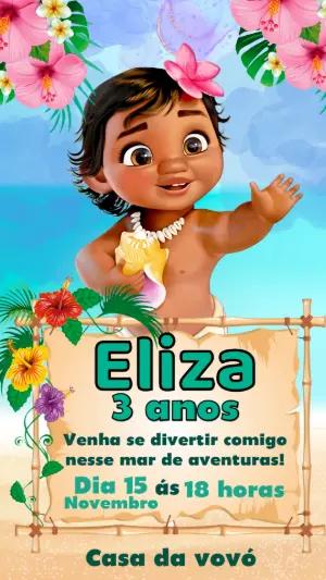 Convite Digital Moana Baby Aventura Tropical Editável