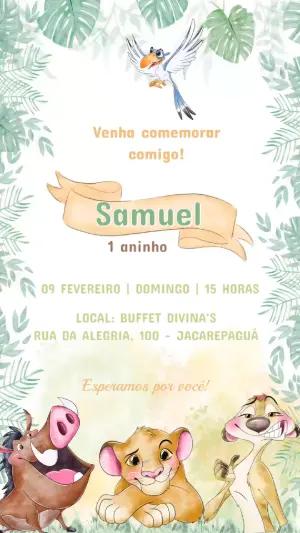Convite Animado Rei Leão Aquarela para Aniversário Infantil