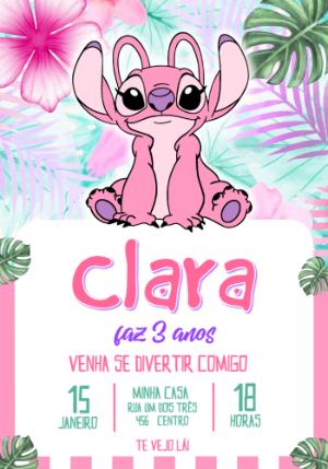 Convite de Aniversário Angel (Stitch Rosa) Tropical Editável