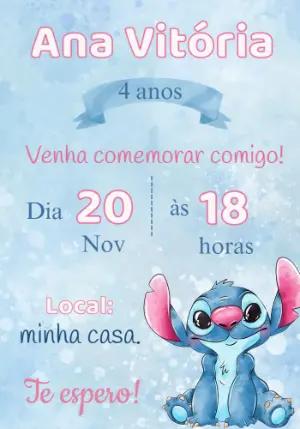 Convite Aniversário Stitch Azul e Rosa para Editar Online