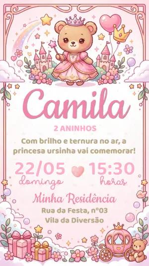 Convite de Aniversário Ursinha Princesa Rosa Editável