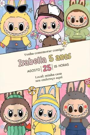 Convite de Aniversário Labubu com Personagens para Editar Online