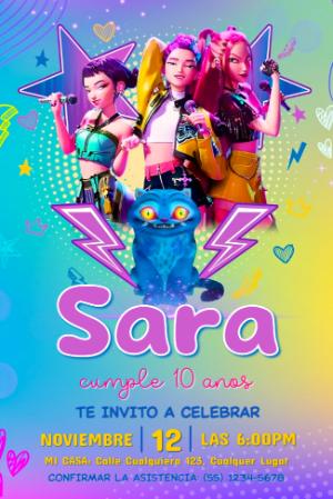 Invitación de Cumpleaños Las Guerreras K-Pop para Editar