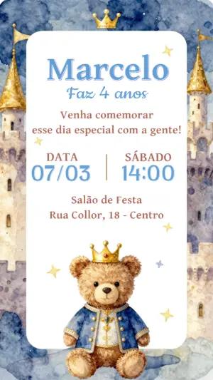 Convite de Aniversário Ursinho Príncipe Aquarela para Editar