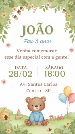Convite de Aniversário Infantil Ursinho no Bosque para Editar