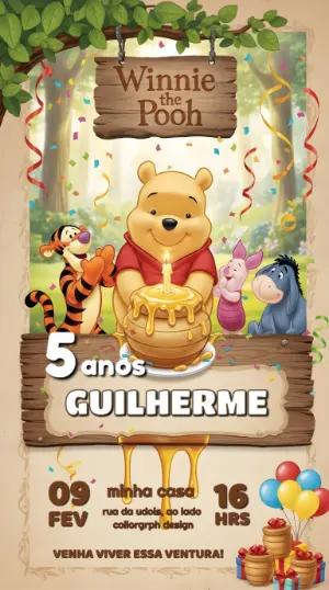 Convite Digital Ursinho Pooh e Amigos para Aniversário Editável