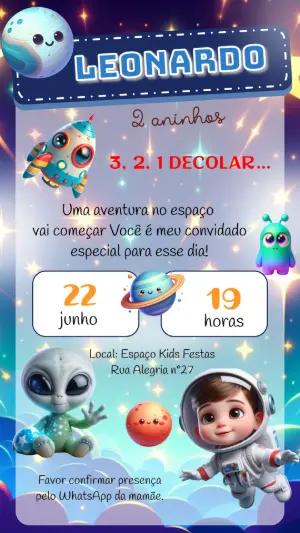 Convite de Aniversário Espacial Fofo com Astronauta para Editar