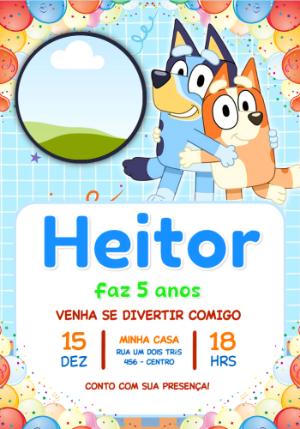 Convite de Aniversário Bluey e Bingo Colorido para Editar