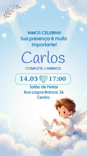 Convite de Aniversário Anjinho Celestial para Menino Editável