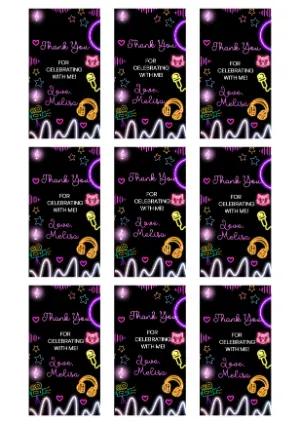 Editable Neon Birthday Thank You Tags for Glow Party