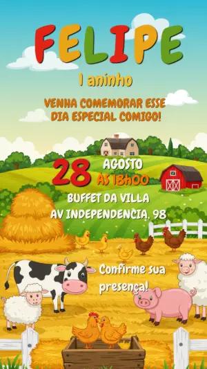 Convite Aniversário Fazendinha com Animais para Editar Online