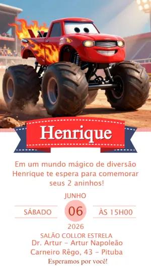 Convite de Aniversário Carro Monstro Vermelho Editável