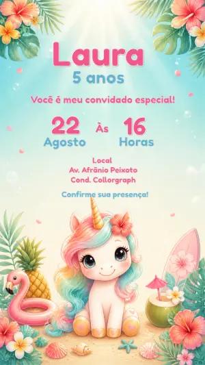 Convite de Aniversário Unicórnio Tropical para Editar