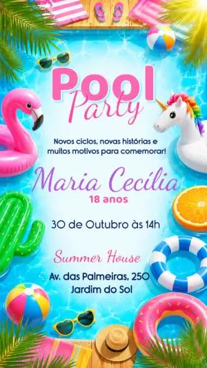 Convite de Aniversário Pool Party Colorido para Editar
