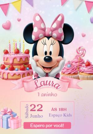 Convite de Aniversário Minnie Rosa Delicado para Editar Online