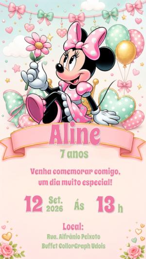Convite de Aniversário Minnie Mouse Rosa e Verde Editável