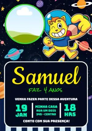 Convite de Aniversário Gato Galáctico para Editar