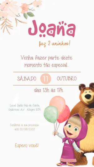 Convite Aniversário Masha e o Urso Floral para Editar