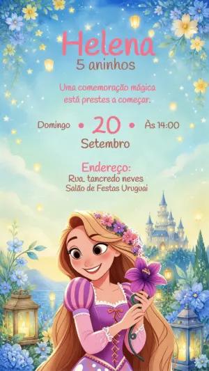 Convite de Aniversário Rapunzel Editável para Festa Mágica
