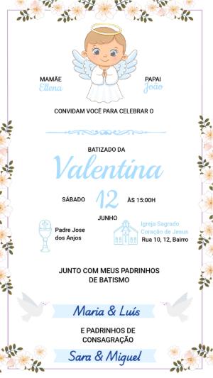 Convite de Batizado Anjinho Floral Delicado para Editar
