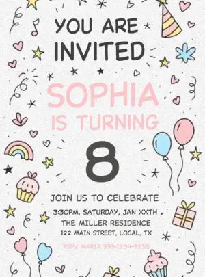 Cute Doodle Birthday Party Invitation Editable Template