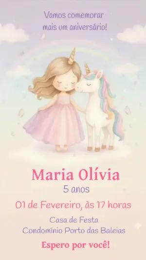 Convite Animado de Aniversário Unicórnio e Menina para Editar