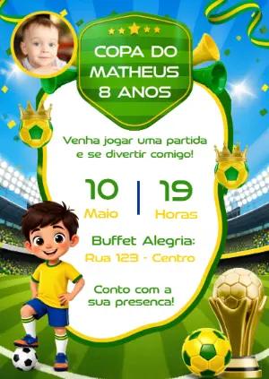 Modelo de Convite Aniversário Futebol Copa com Foto Editável