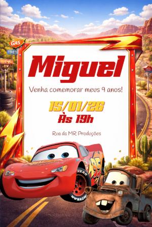 Convite de Aniversário Carros Disney para Editar Online