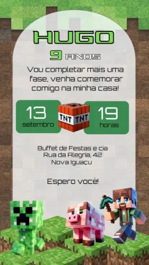 Convite Aniversário Minecraft com Personagens para Editar Online