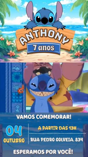 Convite Animado Stitch Tropical para Aniversário Infantil Editável