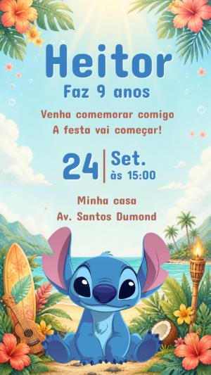 Convite de Aniversário Stitch Tropical Editável
