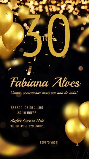 Convite Animado Aniversário 30 Anos Preto e Dourado Editável