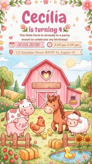Pink Little Farm Birthday Invitation | Editable Template