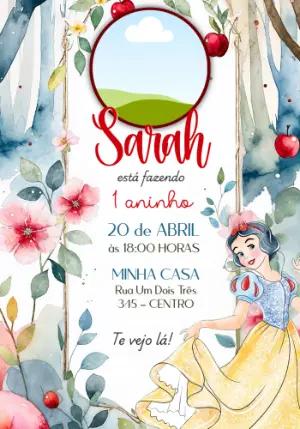 Convite Branca de Neve Aquarela com Foto para Editar