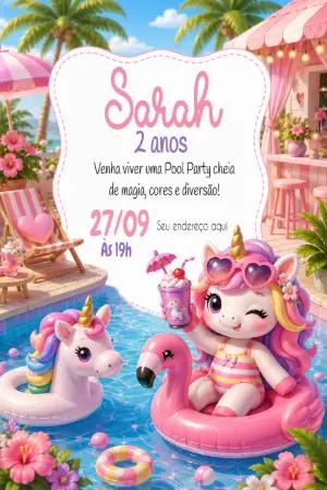 Convite de Aniversário Unicórnio Pool Party Rosa Editável
