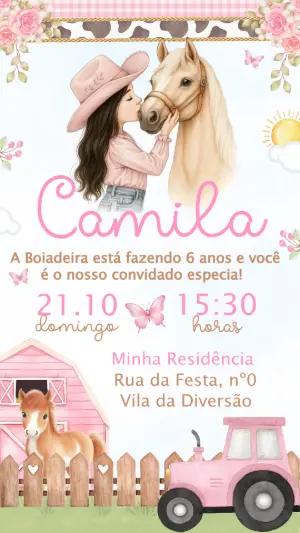 Convite de Aniversário Fazendinha Rosa Cowgirl para Editar