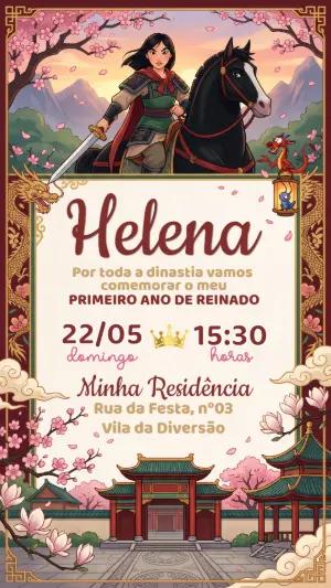 Convite de Aniversário Mulan Guerreira Editável para Festa
