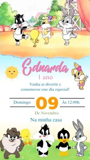 Convite Animado Aniversário Baby Looney Tunes para Editar