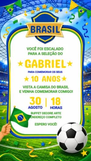 Convite Digital Aniversário Tema Brasil Futebol para Editar