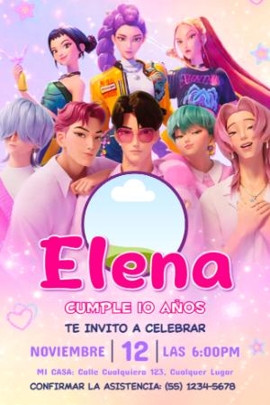 Invitación de Cumpleaños Las Guerreras K-Pop para Editar