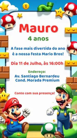 Convite Aniversário Mario Bros e Luigi para Editar Online