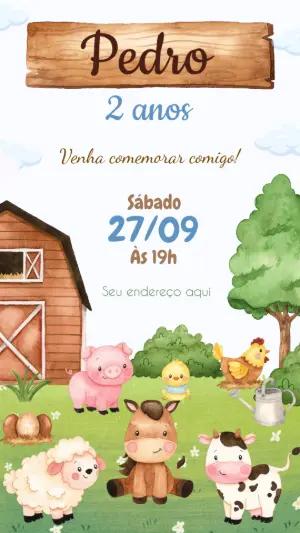 Convite Aniversário Fazendinha com Animais para Editar Online