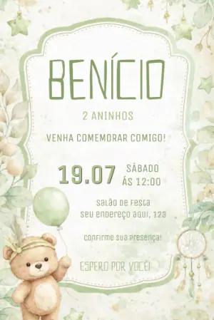 Convite de Aniversário Ursinho Boho Aquarela Editável