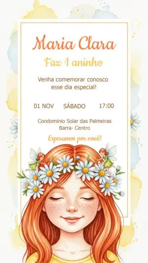 Convite Aniversário Margaridas e Fadas para Editar Online