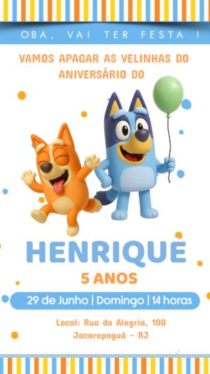 Convite Aniversário Bluey e Bingo para Editar Online