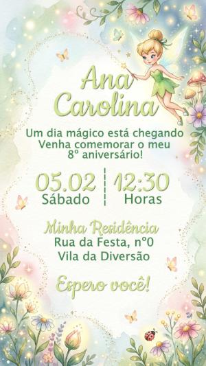 Convite de Aniversário Fada Sininho Aquarela Editável