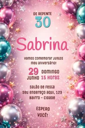 Convite De Repente 30 Rosa com Glitter e Balões Editável