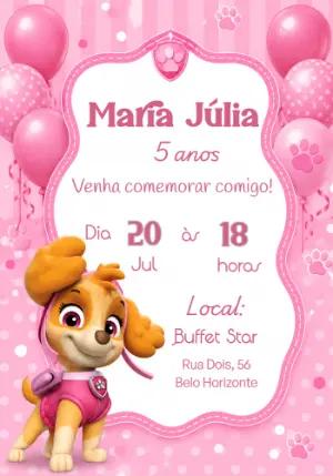 Convite de Aniversário Skye Patrulha Canina Rosa Editável