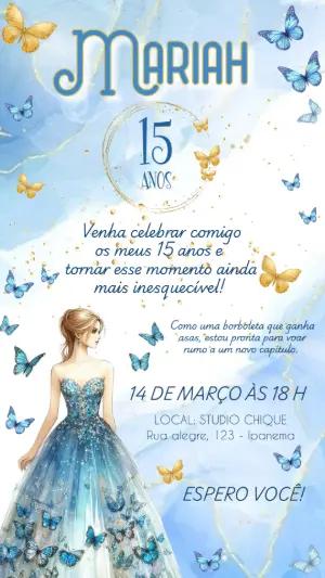 Convite 15 Anos Borboletas Azul e Dourado para Editar Online