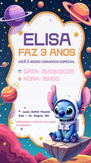 Convite Aniversário Stitch Astronauta para Editar Online